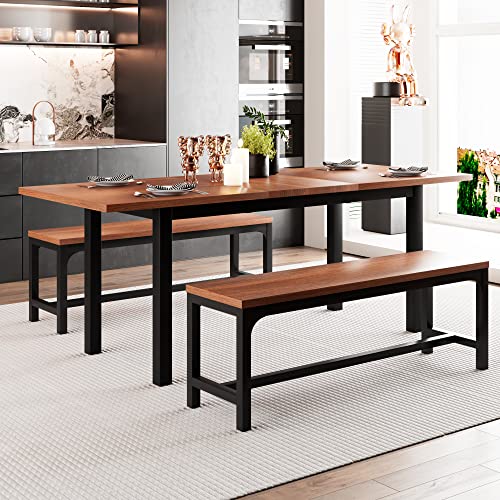 Feonase 3-Piece 63" XL Large Dining Room Table Set for 4-8 People, Extendable Kitchen Table Set with 2 Benches, Metal Frame and Solid MDF Wood Board, Easy Assembly, Walnut