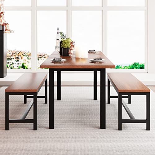 Feonase 3-Piece 63" XL Large Dining Room Table Set for 4-8 People, Extendable Kitchen Table Set with 2 Benches, Metal Frame and Solid MDF Wood Board, Easy Assembly, Walnut