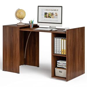 tangkula extendable computer desk for small space, reversible study writing desk with mobile shelves & anti-tipping kit, home office desk, pull-out laptop workstation desk (brown)