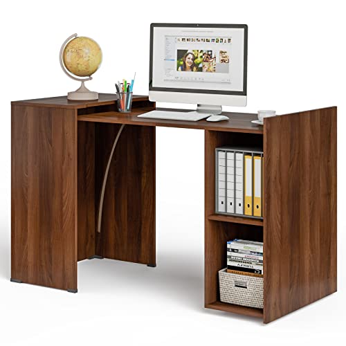 Tangkula Extendable Computer Desk for Small Space, Reversible Study Writing Desk with Mobile Shelves & Anti-Tipping Kit, Home Office Desk, Pull-Out Laptop Workstation Desk (Brown)