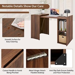 Tangkula Extendable Computer Desk for Small Space, Reversible Study Writing Desk with Mobile Shelves & Anti-Tipping Kit, Home Office Desk, Pull-Out Laptop Workstation Desk (Brown)