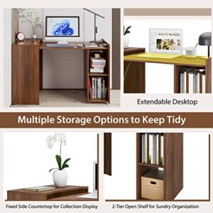 Tangkula Extendable Computer Desk for Small Space, Reversible Study Writing Desk with Mobile Shelves & Anti-Tipping Kit, Home Office Desk, Pull-Out Laptop Workstation Desk (Brown)