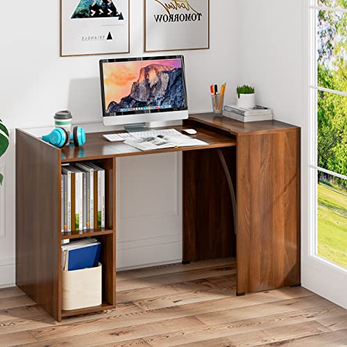 Tangkula Extendable Computer Desk for Small Space, Reversible Study Writing Desk with Mobile Shelves & Anti-Tipping Kit, Home Office Desk, Pull-Out Laptop Workstation Desk (Brown)