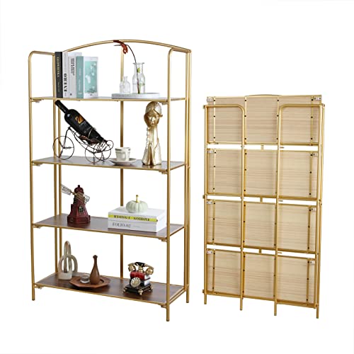 Crofy No Assembly Folding Bookshelf, 4 Tier Gold Bookshelf, Metal Book Shelf for Storage, Folding Bookcase for Office Organization and Storage, 12.87 D x 30.9 W x 55.71 H Inches