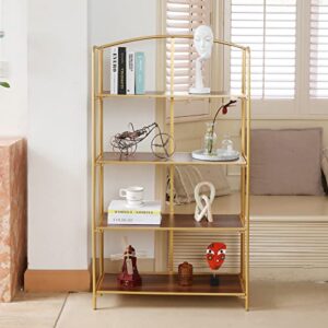 Crofy No Assembly Folding Bookshelf, 4 Tier Gold Bookshelf, Metal Book Shelf for Storage, Folding Bookcase for Office Organization and Storage, 12.87 D x 30.9 W x 55.71 H Inches