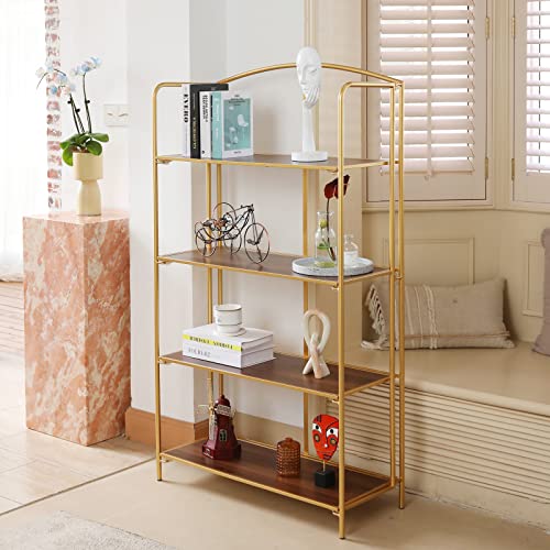 Crofy No Assembly Folding Bookshelf, 4 Tier Gold Bookshelf, Metal Book Shelf for Storage, Folding Bookcase for Office Organization and Storage, 12.87 D x 30.9 W x 55.71 H Inches