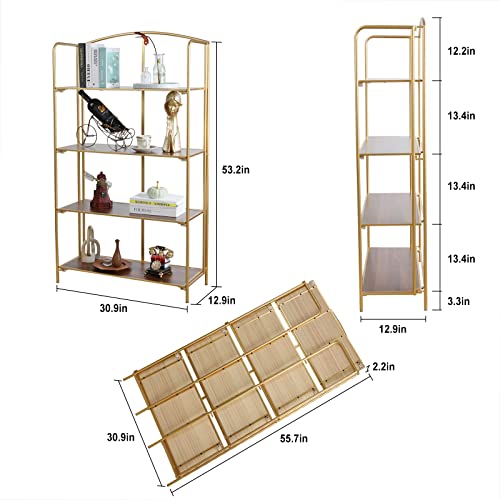 Crofy No Assembly Folding Bookshelf, 4 Tier Gold Bookshelf, Metal Book Shelf for Storage, Folding Bookcase for Office Organization and Storage, 12.87 D x 30.9 W x 55.71 H Inches