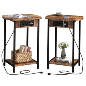 soowery end tables with charging station, set of 2 side tables with usb ports and outlets, nightstands with storage shelf for living room, bedroom, brown