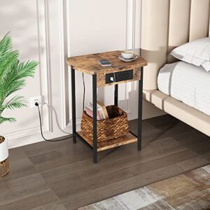 SOOWERY End Tables with Charging Station, Set of 2 Side Tables with USB Ports and Outlets, Nightstands with Storage Shelf for Living Room, Bedroom, Brown