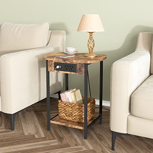 SOOWERY End Tables with Charging Station, Set of 2 Side Tables with USB Ports and Outlets, Nightstands with Storage Shelf for Living Room, Bedroom, Brown