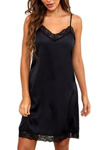 fenteng women's slip nightgowns satin sleepwear lace chemises silky sleeveless sleepdress cami nightdress comfy nightshirt (black1, xl)