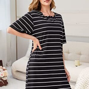 FENTENG Nightgown for Women Sleepwear Loose Short Sleeve Nightdress V Neck Nightgowns Print Sleepshirts Comfy Nightshirt (Black1, XXL)