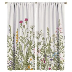 GoDazzling Rustic Flower Blackout Windows Curtains, Green Leaf Vintage Floral Colorful Plant Herbs Women Wildflower Blossom Botanical Nature Curtains, for Living Room Bedroom 42x54in 2 Panels