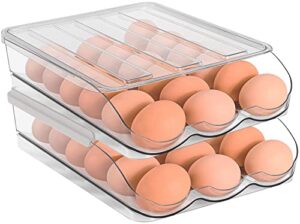 sooyee 2 layer rolling egg holder egg storage container for refrigerator,ramp type auto roll egg organizer for refrigerator,large egg container bin,clear