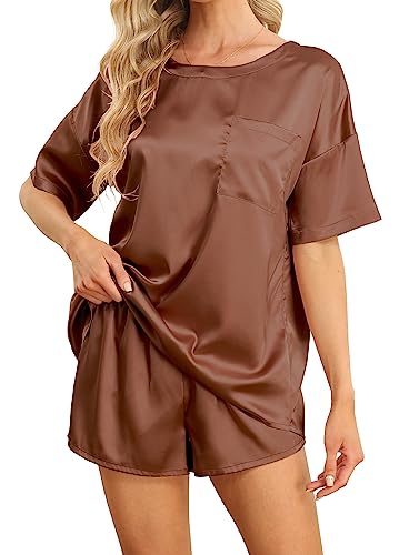 BEKOFO Silk Satin Pajama Sets Pj Satin Set Silk Pj for Women Set Satin Pajamas Shorts Pj Shorts and Silk Tshirt Summer Lounge Satin Set Brown Large