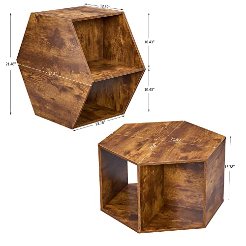 BEWISHOME Hexagonal Small Coffee Table with Open Storage, Multifunctional Faceted Top End Table, Natural Wood Modern Nightstand Brown for Living Room Bedroom and Home Office KLZ03Z