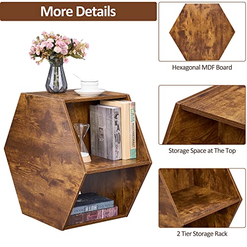 BEWISHOME Hexagonal Small Coffee Table with Open Storage, Multifunctional Faceted Top End Table, Natural Wood Modern Nightstand Brown for Living Room Bedroom and Home Office KLZ03Z