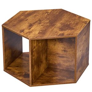 BEWISHOME Hexagonal Small Coffee Table with Open Storage, Multifunctional Faceted Top End Table, Natural Wood Modern Nightstand Brown for Living Room Bedroom and Home Office KLZ03Z