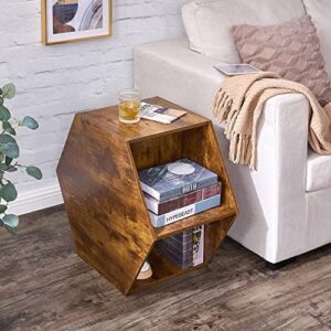 BEWISHOME Hexagonal Small Coffee Table with Open Storage, Multifunctional Faceted Top End Table, Natural Wood Modern Nightstand Brown for Living Room Bedroom and Home Office KLZ03Z