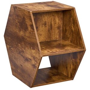 BEWISHOME Hexagonal Small Coffee Table with Open Storage, Multifunctional Faceted Top End Table, Natural Wood Modern Nightstand Brown for Living Room Bedroom and Home Office KLZ03Z