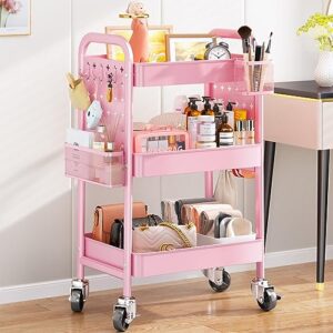 3 tier rolling cart organizer - utility cart on wheels, metal pink rolling storage cart with diy dual pegboards, removable baskets hooks, teacher rolling art cart for office, home, kitchen, classroom