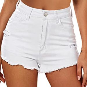 HOCAIES Women's Juniors Jean Shorts Frayed Raw Hem High Waisted Ripped Denim Shorts for Women(6, New Denim-49)