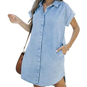 KDF Denim Dress with Pockets for Women Denim Button Down Shirt Jean Dresses for Women 2023 Summer Light Blue Size Small Size 4 Size 6