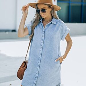 KDF Denim Dress with Pockets for Women Denim Button Down Shirt Jean Dresses for Women 2023 Summer Light Blue Size Small Size 4 Size 6