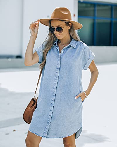 KDF Denim Dress with Pockets for Women Denim Button Down Shirt Jean Dresses for Women 2023 Summer Light Blue Size Small Size 4 Size 6