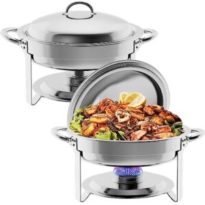 halamine 2 packs round chafing dish buffet set 5 quart stainless steel chafer for catering, chafers and buffet warmers sets w/water pan, food pan, fuel holder and lid for event party holiday