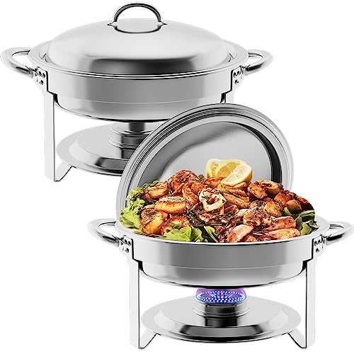 Halamine 2 Packs Round Chafing Dish Buffet Set 5 Quart Stainless Steel Chafer for Catering, Chafers and Buffet Warmers Sets w/Water Pan, Food Pan, Fuel Holder and Lid for Event Party Holiday