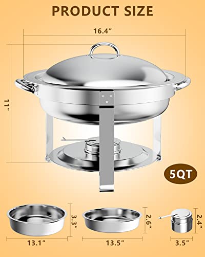 Halamine 2 Packs Round Chafing Dish Buffet Set 5 Quart Stainless Steel Chafer for Catering, Chafers and Buffet Warmers Sets w/Water Pan, Food Pan, Fuel Holder and Lid for Event Party Holiday