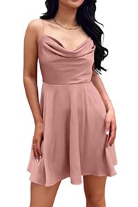 prettygarden women's summer satin dress 2023 sexy spaghetti strap cowl neck ruffle a line short party dresses (pink,medium)