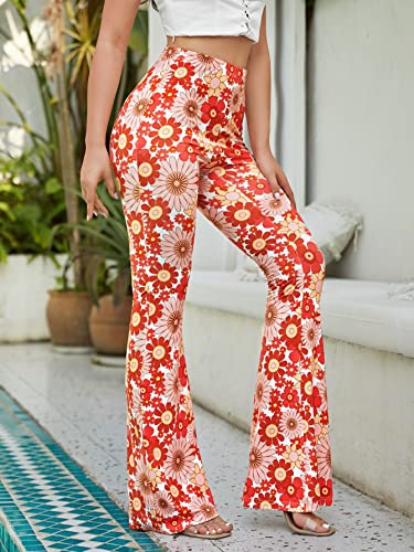 OYOANGLE Women's Floral Print High Waist Yoga Pants Wide Leg Pants Bell Bottom Trousers Multicolor Flower S