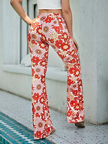 OYOANGLE Women's Floral Print High Waist Yoga Pants Wide Leg Pants Bell Bottom Trousers Multicolor Flower S