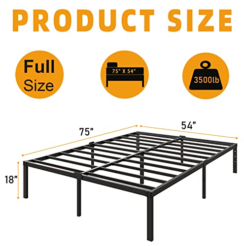 Kilyssa Full Size Bed Frame 18 Inches High, Metal Platform Bed Frames 3500 lbs Heavy Duty Steel Slat Support Easy Assembly Bed Frames Full Noise Free No Box Spring Needed,Black