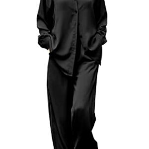 PRETTYGARDEN Women's 2 Piece Satin Outfits Long Sleeve Button Down Tops Wide Leg Pants Silk Loungewear Pajama Sets (Black,Large)