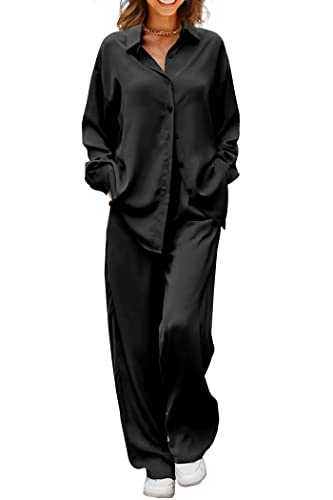 PRETTYGARDEN Women's 2 Piece Satin Outfits Long Sleeve Button Down Tops Wide Leg Pants Silk Loungewear Pajama Sets (Black,Large)