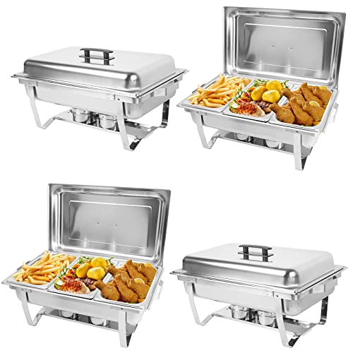 IMACONE 4 Pack Chafing Dish Buffet Set, 8QT Stainless Steel Rectangular Chafers and Buffet Warmer Sets for Catering, Foldable Complete Set with 1/3 Food Pan, Lid, Fuel Holder for Event Party Holiday