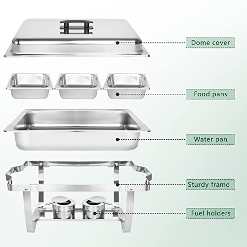 IMACONE 4 Pack Chafing Dish Buffet Set, 8QT Stainless Steel Rectangular Chafers and Buffet Warmer Sets for Catering, Foldable Complete Set with 1/3 Food Pan, Lid, Fuel Holder for Event Party Holiday