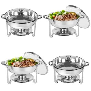 imacone chafing dish buffet set 4 pack, 5qt round stainless steel chafer for catering in glass lid, chafers and buffet warmer sets w/food & water pan, lid, frame, fuel holder for event party holiday