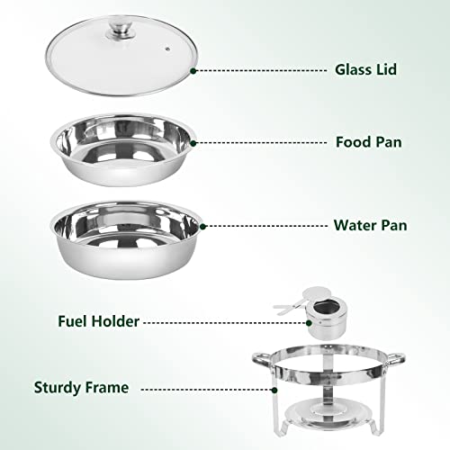 IMACONE Chafing Dish Buffet Set of 2, 5QT Round Stainless Steel Chafer for Catering in Glass Lid, Chafers and Buffet Warmer Sets w/Food & Water Pan, Frame, Fuel Holder for Serving Event Party Holiday