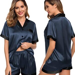 SWOMOG Women's Two Pieces Pajamas Sets Short Sleeve Plus Size Silk Satin Sleepwear Loose PJs Set Loungewear Deep Grey