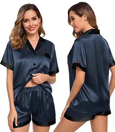 SWOMOG Women's Two Pieces Pajamas Sets Short Sleeve Plus Size Silk Satin Sleepwear Loose PJs Set Loungewear Deep Grey