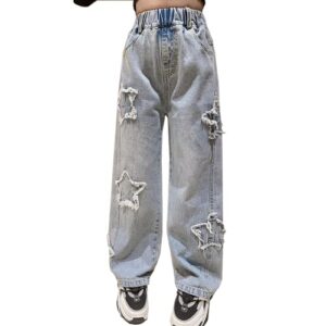 yayabroe girls baggy jeans casual wide leg denim pants jeans kids clothes size 5-14 years (blue star patch, 10-12)