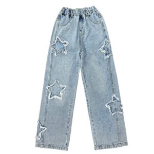 YaYabroe Girls Baggy Jeans Casual Wide Leg Denim Pants Jeans Kids Clothes Size 5-14 Years (Blue Star Patch, 10-12)