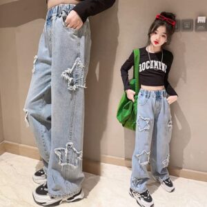 YaYabroe Girls Baggy Jeans Casual Wide Leg Denim Pants Jeans Kids Clothes Size 5-14 Years (Blue Star Patch, 10-12)