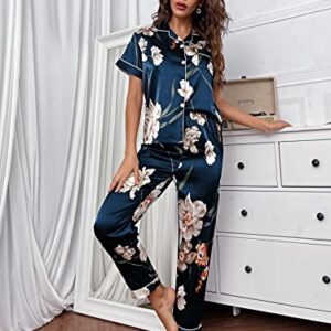 WDIRARA Women's 2 Piece Satin Pajamas Floral Silk Short Sleeve Button Down Shirt and Pants Pajama Pj Set Dark Green L