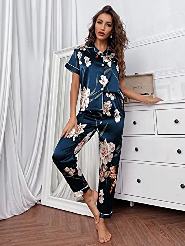 WDIRARA Women's 2 Piece Satin Pajamas Floral Silk Short Sleeve Button Down Shirt and Pants Pajama Pj Set Dark Green L