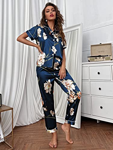 WDIRARA Women's 2 Piece Satin Pajamas Floral Silk Short Sleeve Button Down Shirt and Pants Pajama Pj Set Dark Green L